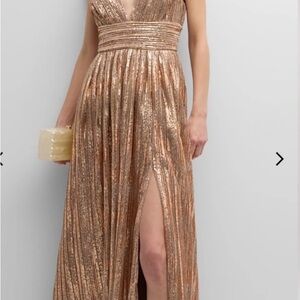 Liv Foster Metallic Rose Gold Plunging V-Neck Evening Gown- Size 2 -built in bra